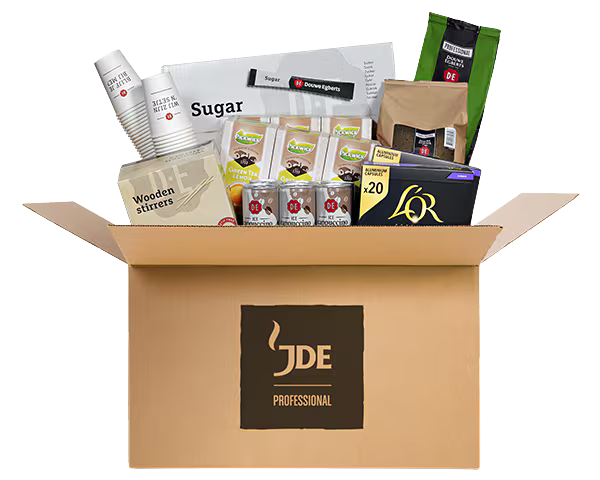 Doos met koffie thee accessoires JDE